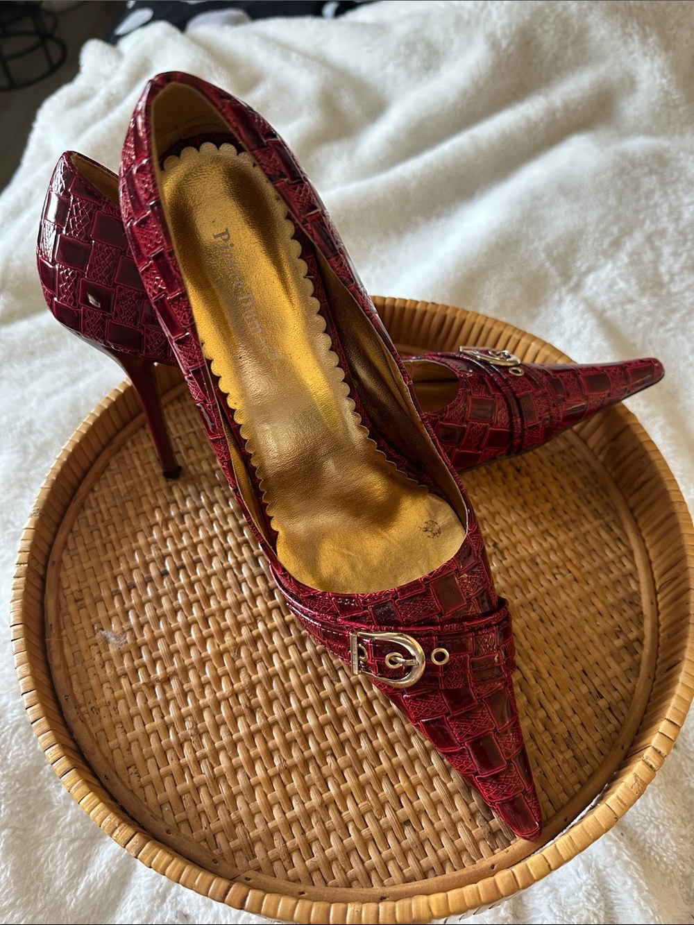Pierre Dumas Burgundy Croc-Embossed Pointed Toe Pumps with Gold Buckle - Picture 4 of 6